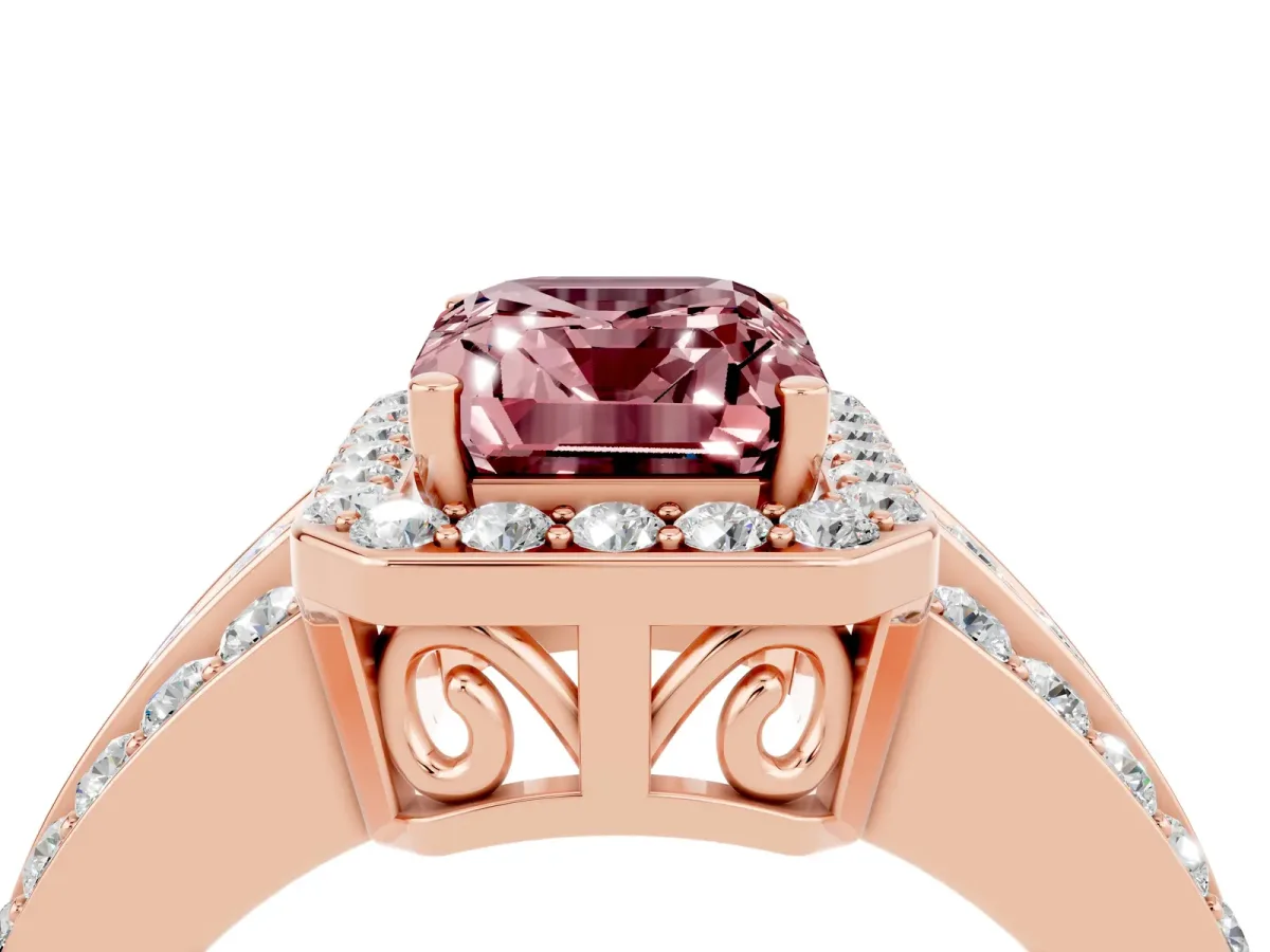 Emerald Cut Halo Morganite Ring with Round Split Shank and Prong Setting Rose gold