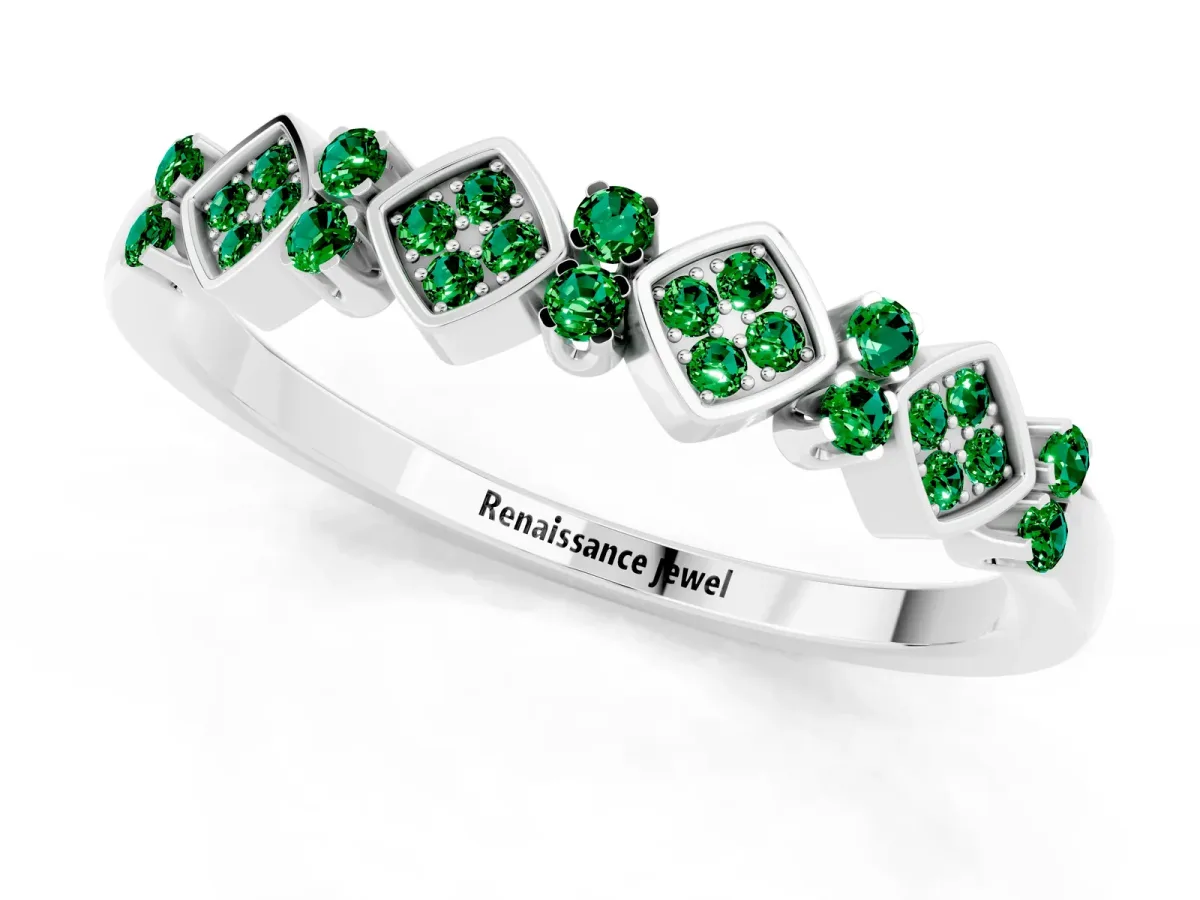 Pavé Cushion Emerald Cluster Eternity Band with Prong Setting Platinum