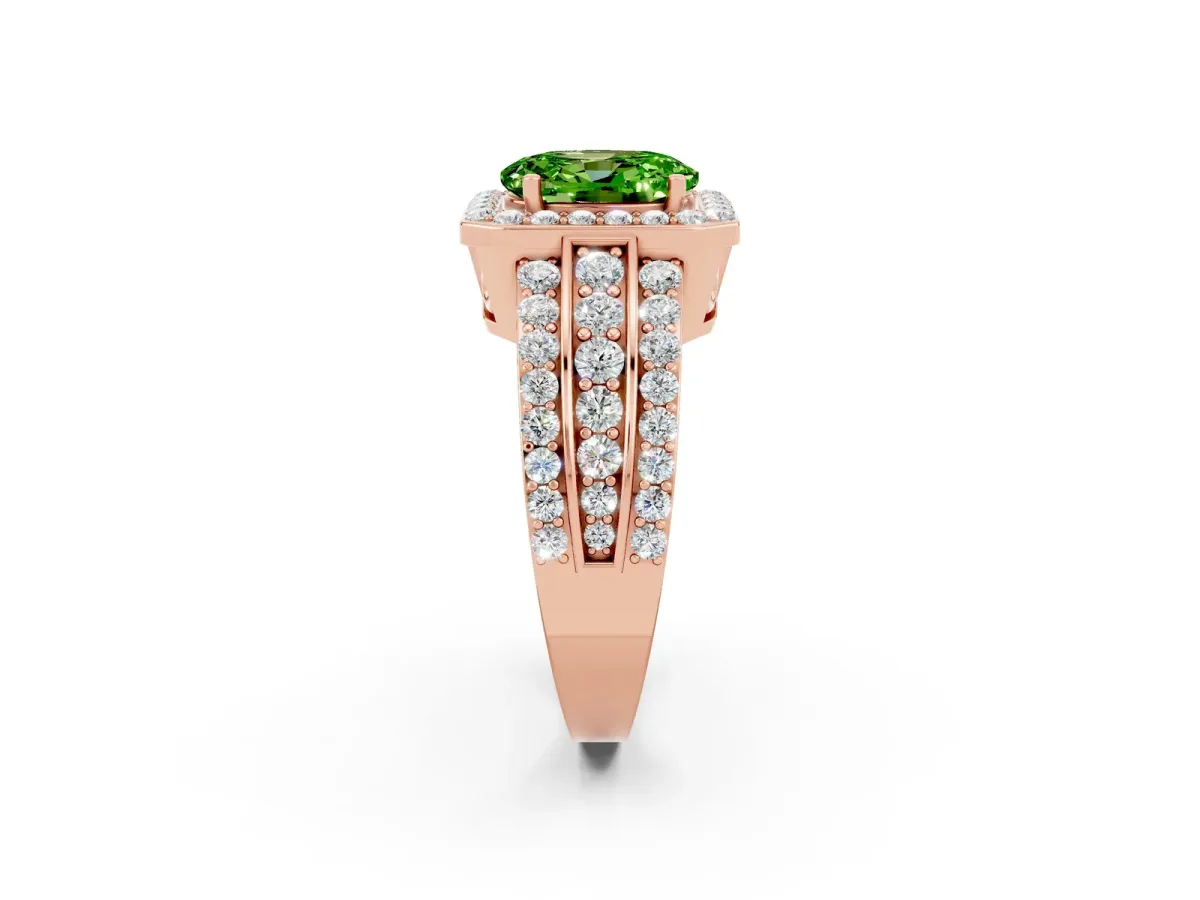 Oval Cut Halo Peridot Ring with Round Split Shank and Prong Setting Rose gold