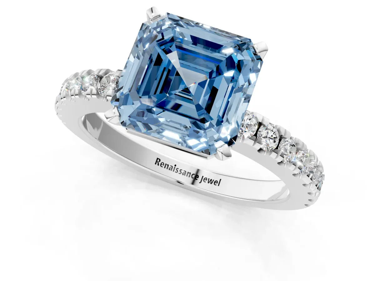 Fancy Blue Asscher Cut Solitaire Diamond with Pavé Band and Four-Prong Setting Silver