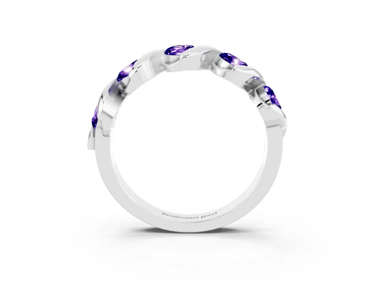 Round Tanzanite Wave Band with Channel Setting and Shared Prongs Silver