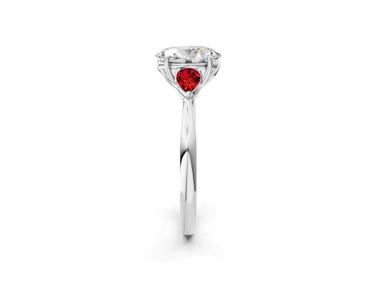 Oval Cut Diamond Three-Stone Ring with Pear Ruby Side Stones and Prong Setting White gold