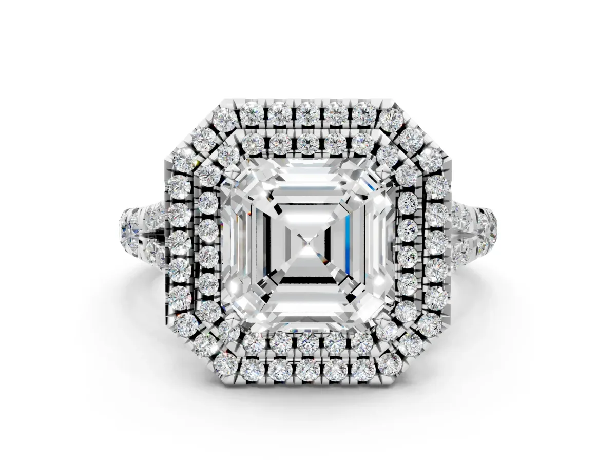 Asscher Cut Diamond Pavé Split Shank Double Halo Engagement Ring Platinum