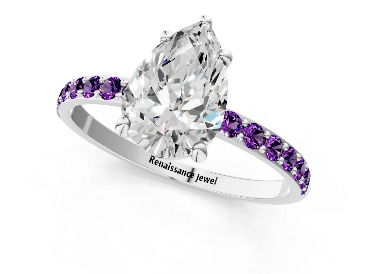 Pear Cut Diamond Solitaire Ring with Round Amethyst Pavé Band and Prong Setting Silver