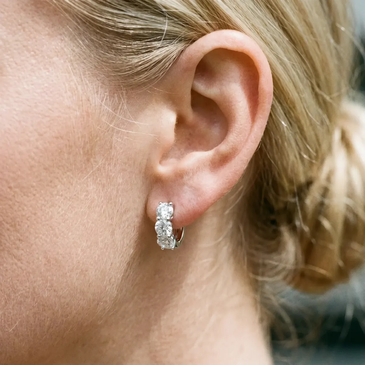 Triple Round Diamond Huggie Earrings with Prong Setting Silver