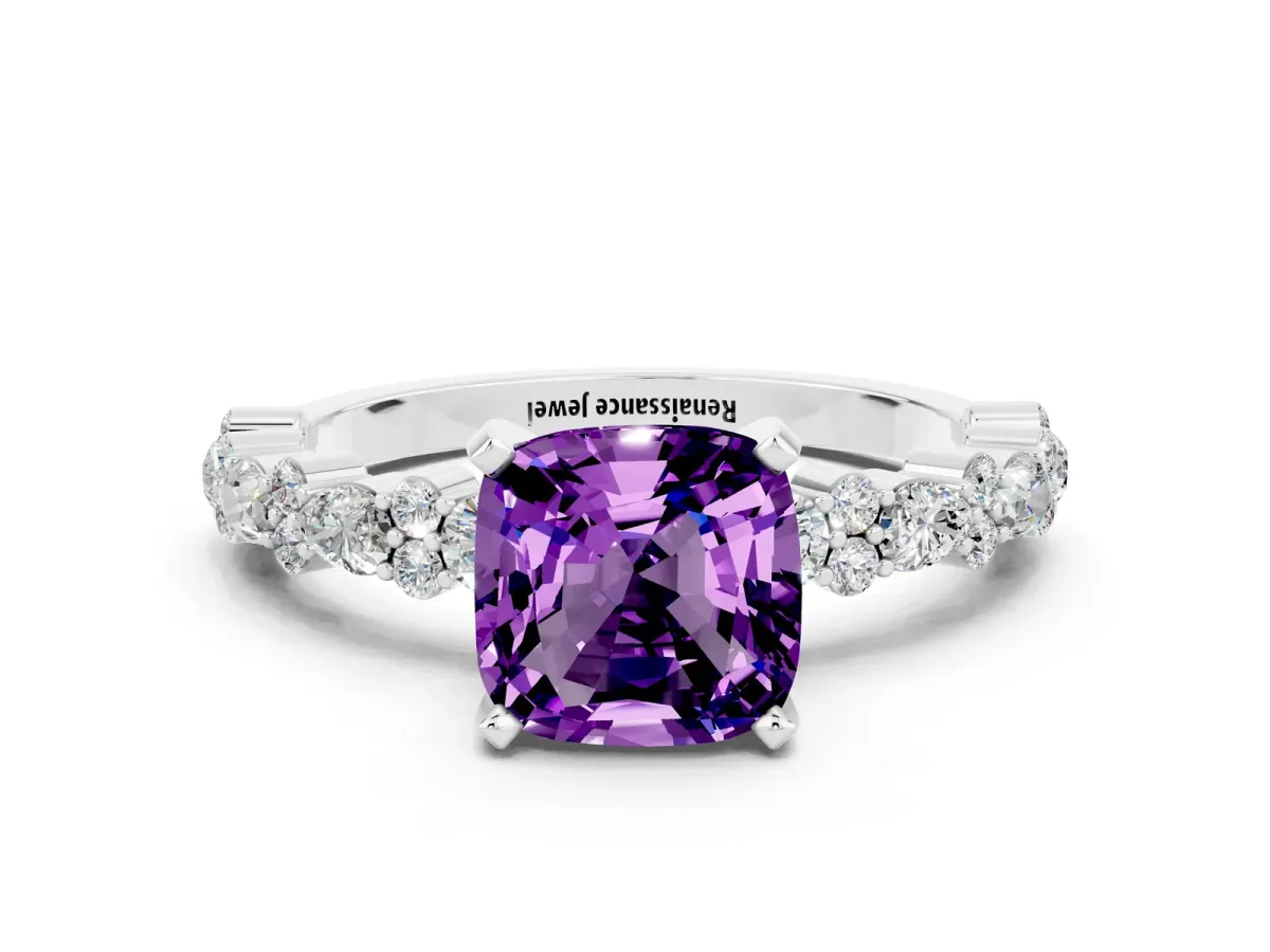 Cushion Cut Amethyst Side Stone Solitaire Ring with Round and Four-Prong Setting Platinum