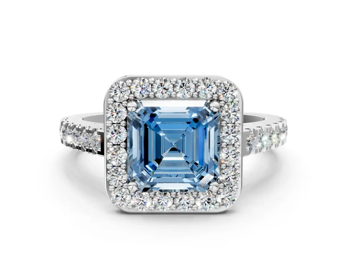 Fancy Blue Asscher Cut Diamond Halo Ring with Round Pavé Split Shank and Prong Setting Platinum