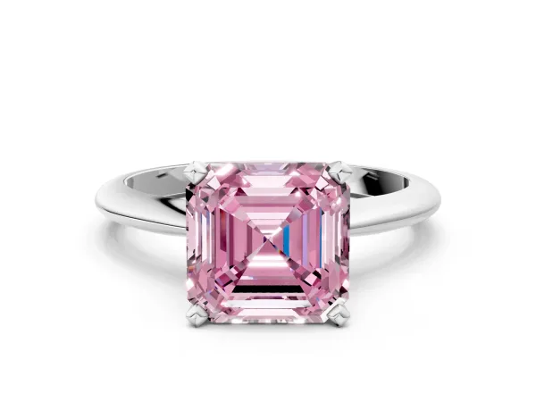 Fancy Pink Asscher Cut Diamond Solitaire Engagement Ring with Classic Band and Four-Prong Setting Silver