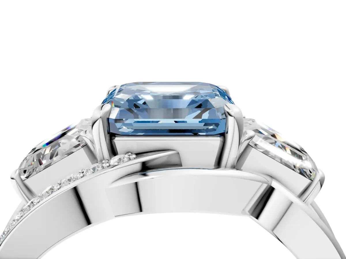 Fancy Blue Three-Stone Asscher Cut Cut Diamond Split Shank Prong Set Ring Platinum