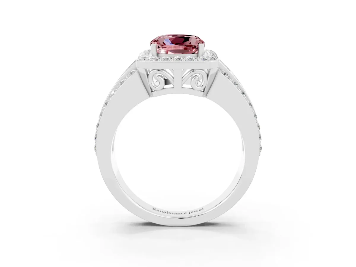 Cushion Cut Halo Morganite Ring with Round Split Shank and Prong Setting Silver