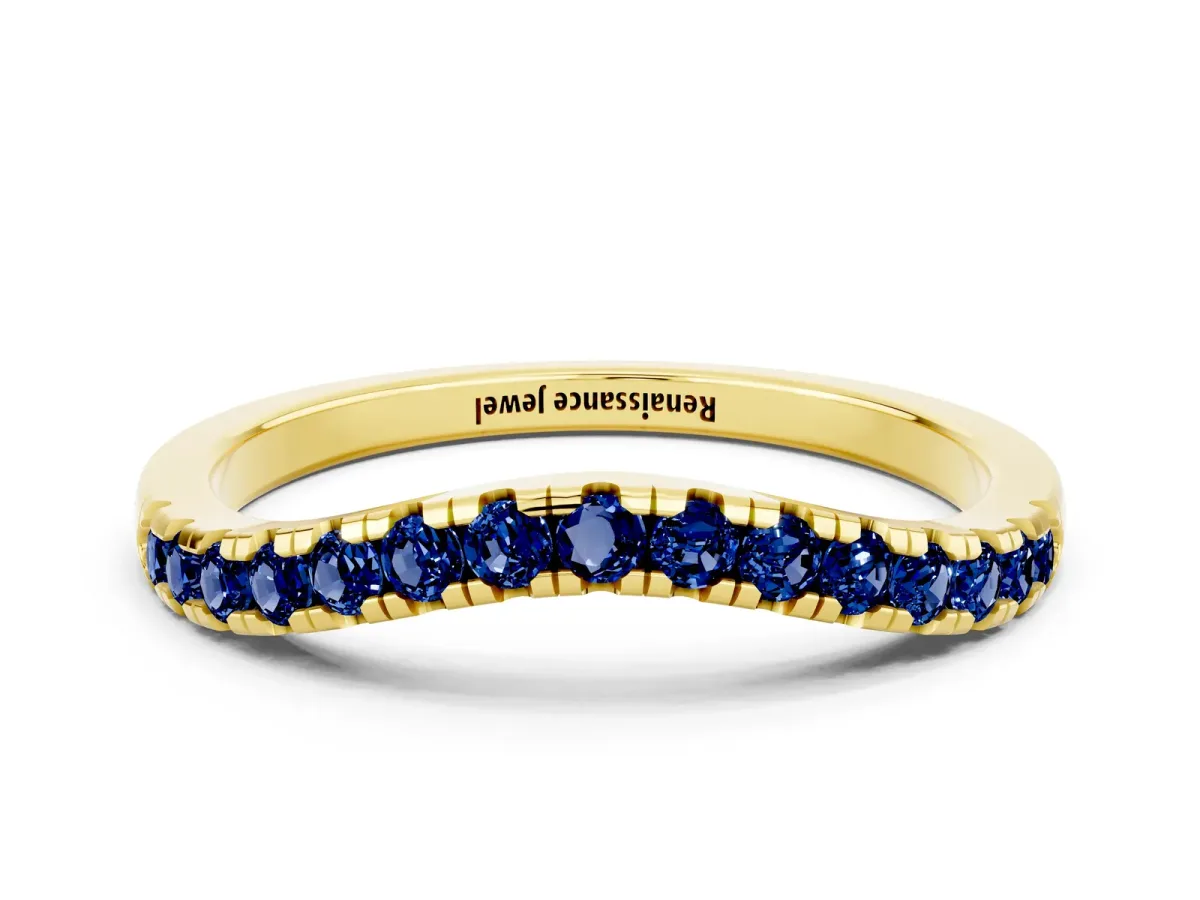 Blue Sapphire Pavé Curved Wedding Band Yellow gold