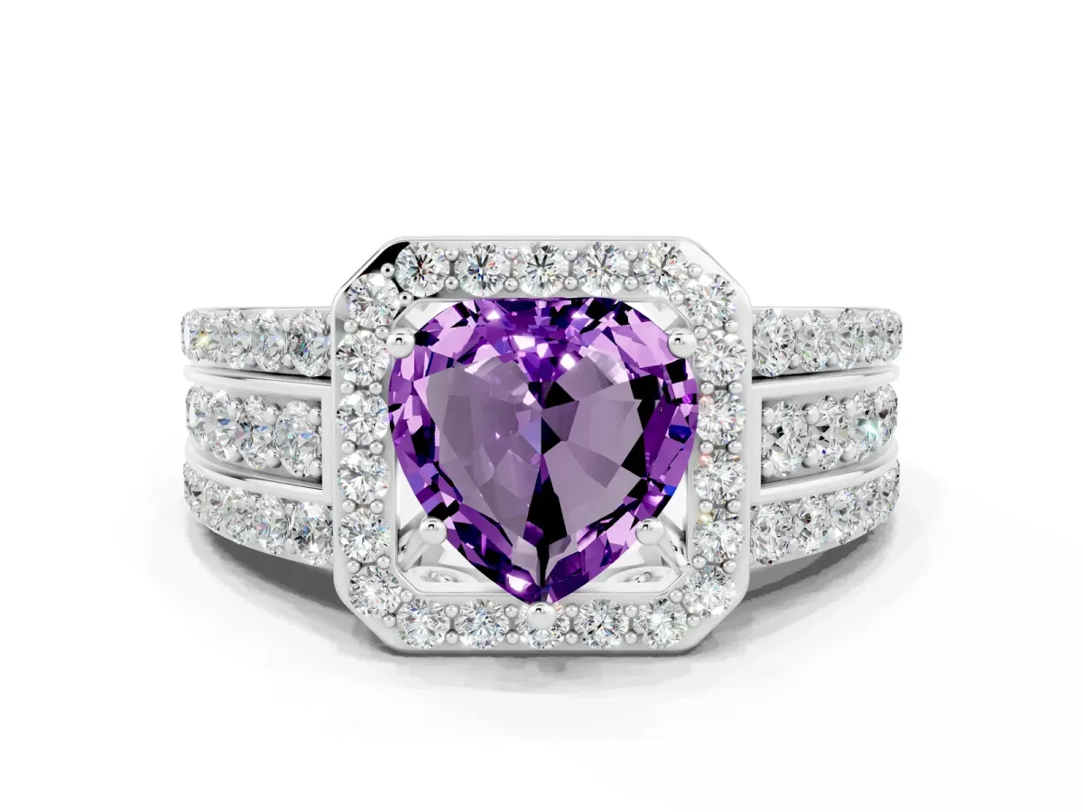 Heart Cut Halo Amethyst Ring with Round Split Shank and Prong Setting White gold