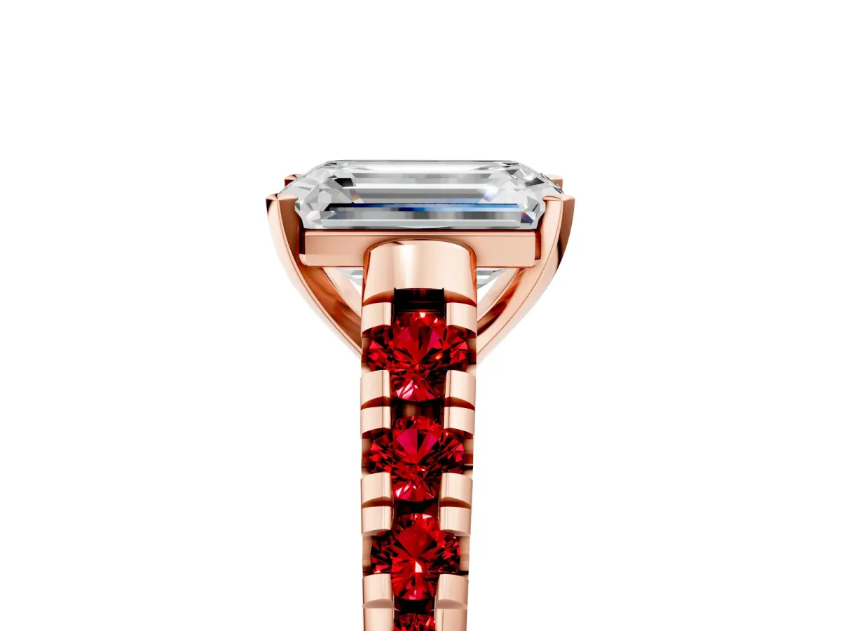 Emerald Cut Diamond Cathedral Solitaire Ring with Round Ruby Pavé Band Rose gold
