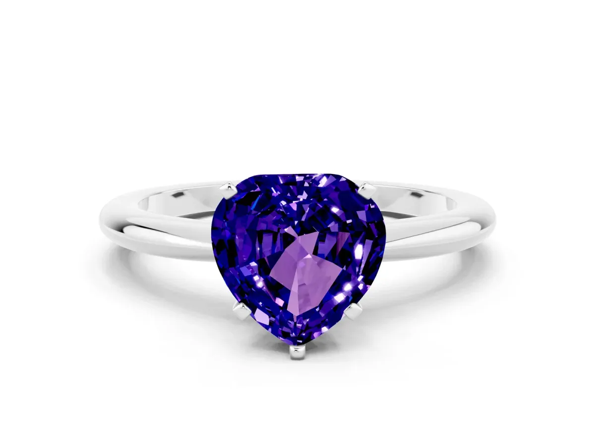 Heart Cut Tanzanite Solitaire Ring with Six-Prong Setting and Classic Band Silver