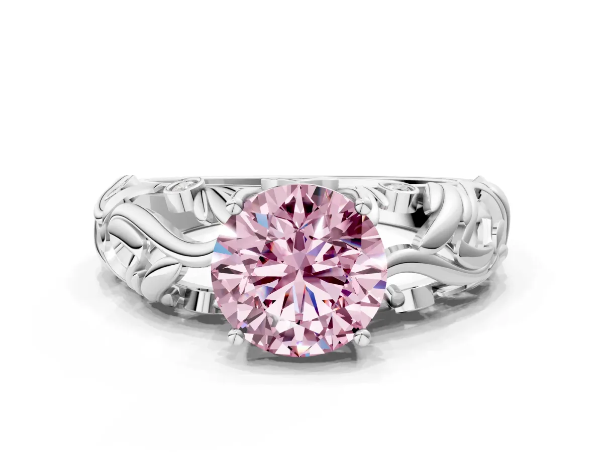 Fancy Pink Round Cut Solitaire Diamond Leaf-Inspired Vine Band Ring with Prong Setting Silver