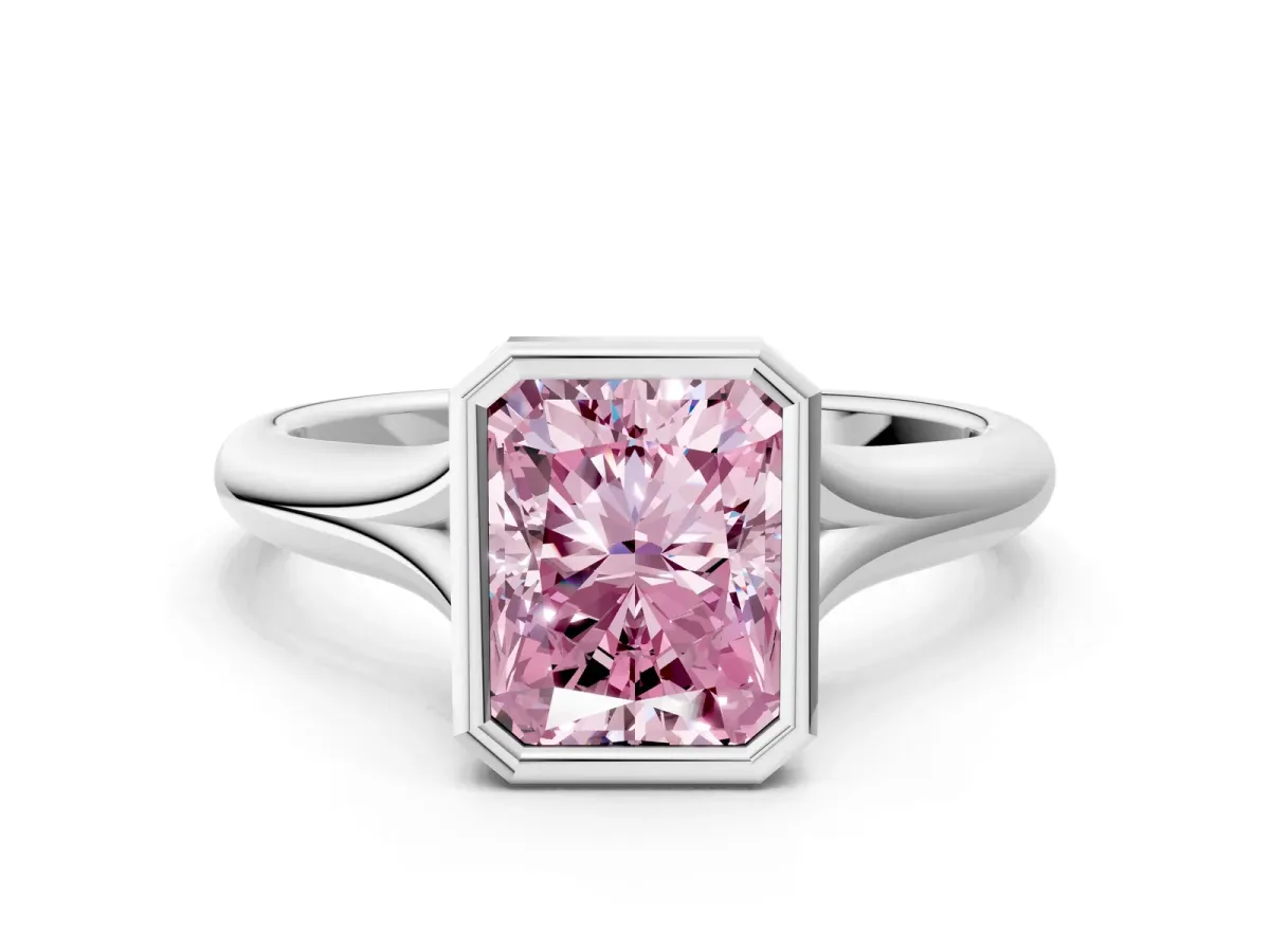 Fancy Pink Bezel Set Radiant Cut Solitaire Diamond Ring with Smooth Band Platinum