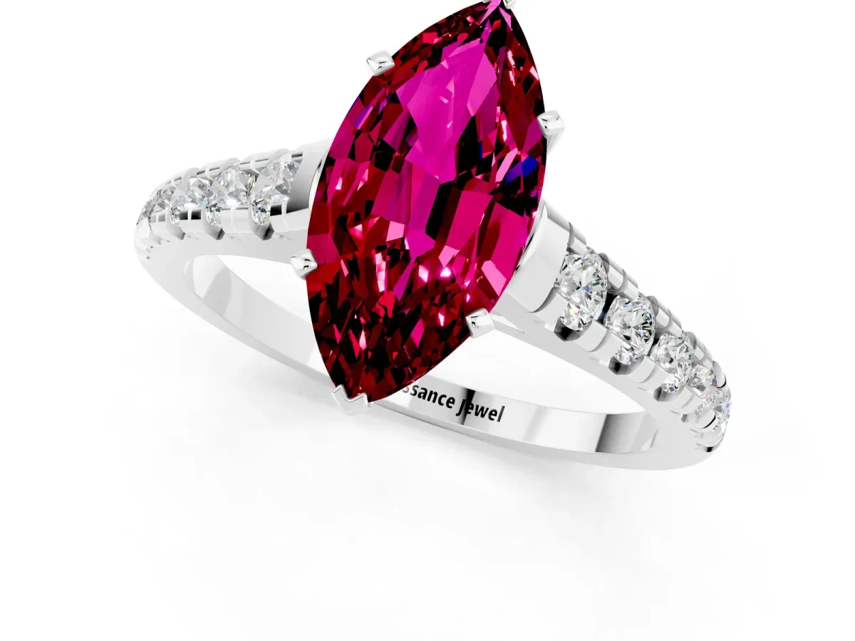 Marquise Cut Garnet Cathedral Solitaire Ring with Round Pavé Band Silver