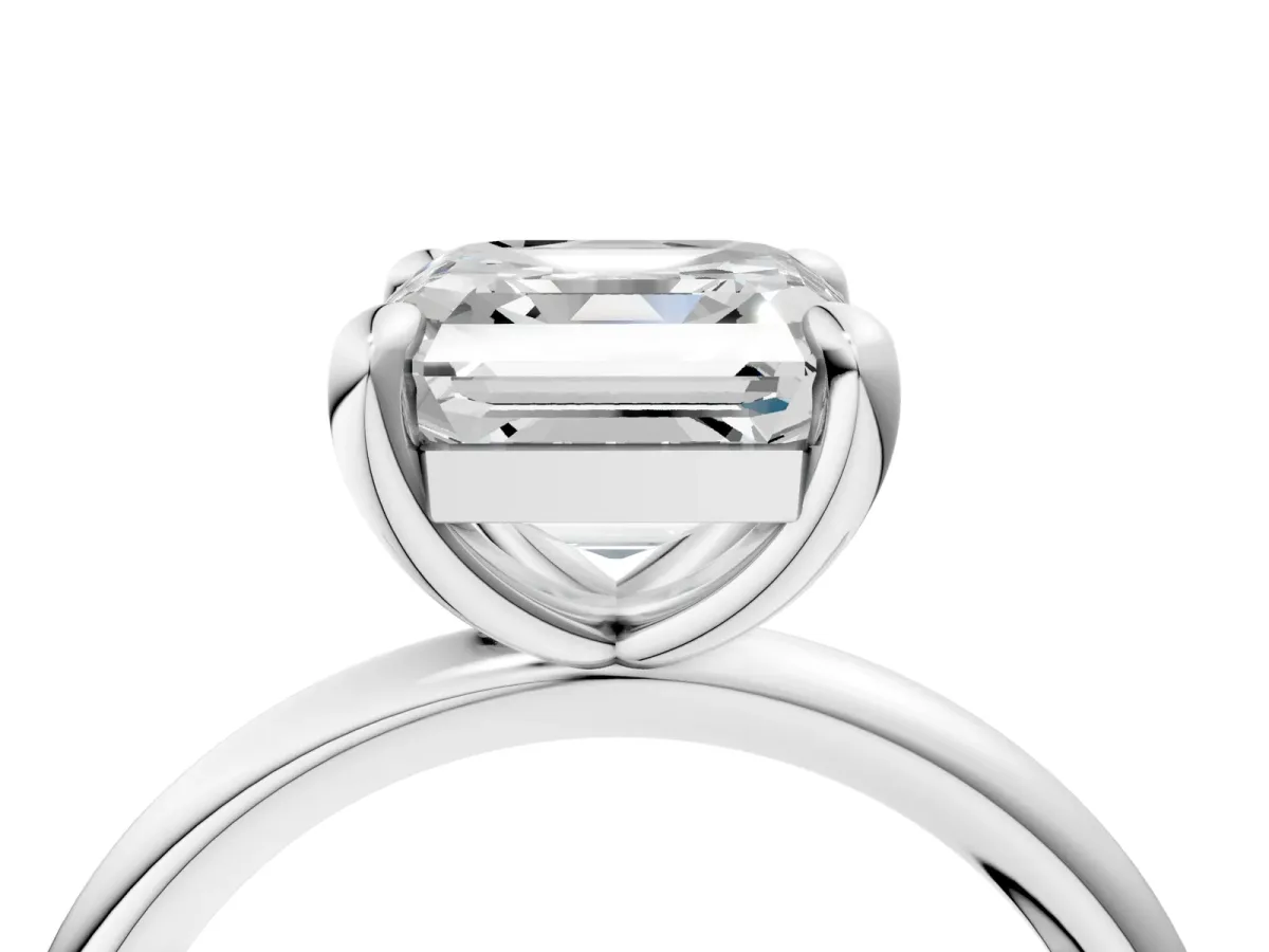 Asscher Cut Solitaire Diamond Ring with Four-Prong Setting on a Plain Band Platinum