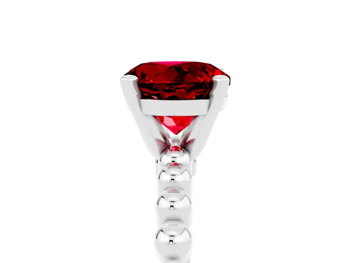 Round Cut Ruby Solitaire Ring with Beaded Band and Prong Setting Silver