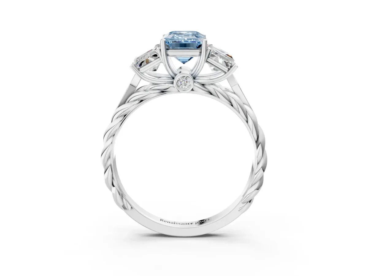 Fancy Blue Three-Stone Emerald Cut Diamond Braided Band Ring with Four-Prong Setting Platinum