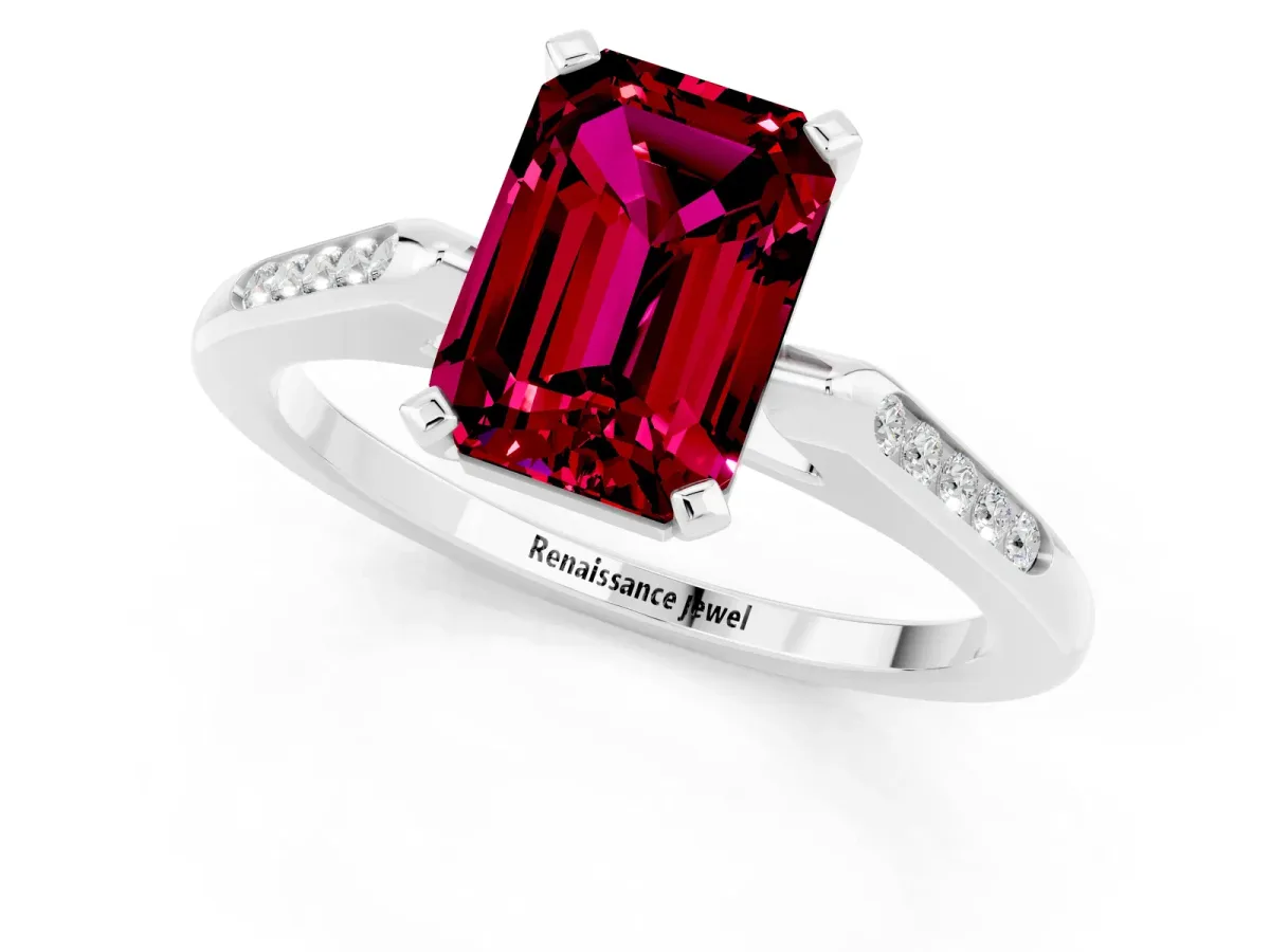 Emerald Cut Garnet Solitaire Ring with Channel Set Round Band and Prong Setting Silver
