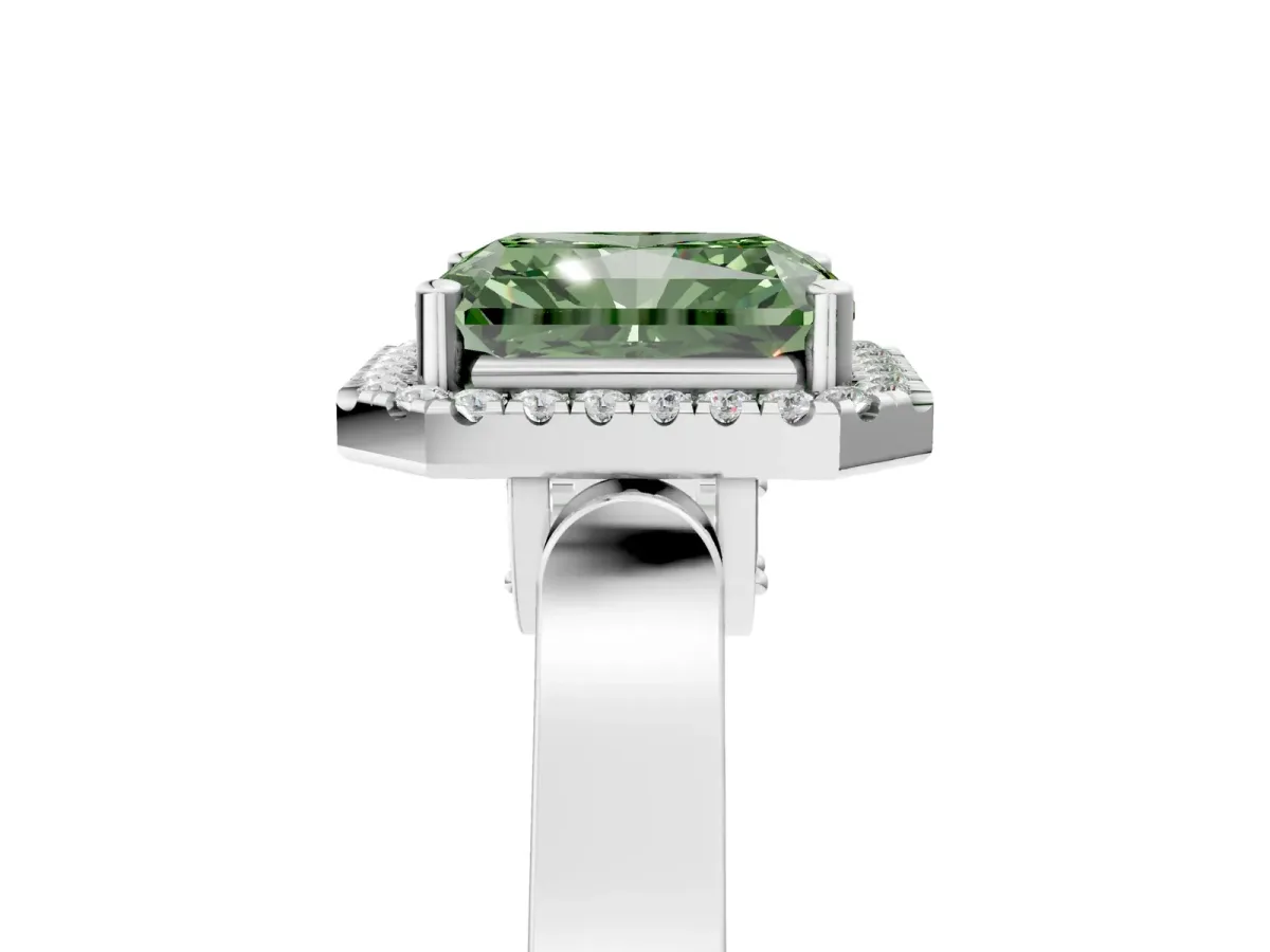 Fancy Green Radiant Cut Halo Pave Split Shank Prong Setting Ring Platinum