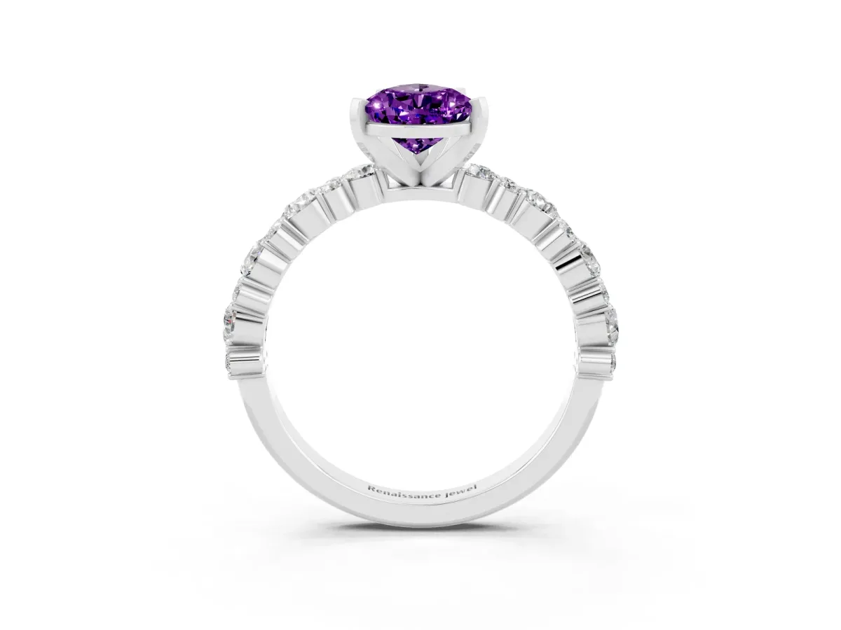 Pear Cut Amethyst Side Stone Solitaire Ring with Round and Four-Prong Setting White gold