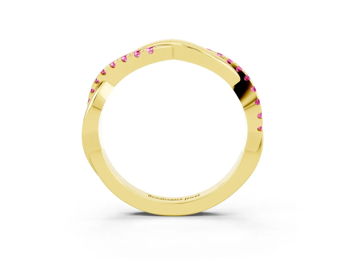 Round Pink Sapphire Twisted Infinity Band with Prong Setting Yellow gold