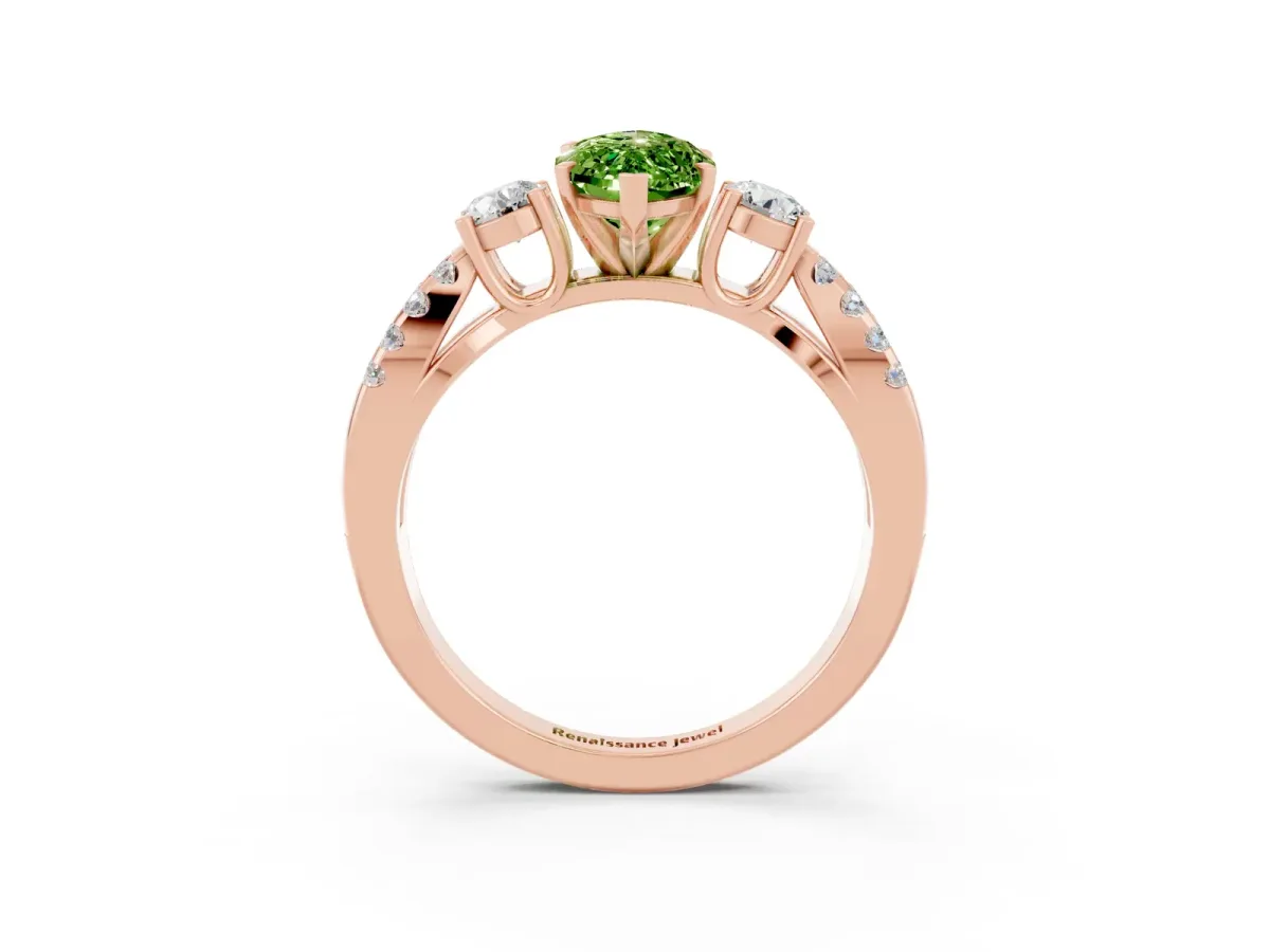 Marquise Cut Peridot Three-Stone Ring with Pavé Split Shank and Four-Prong Setting Rose gold