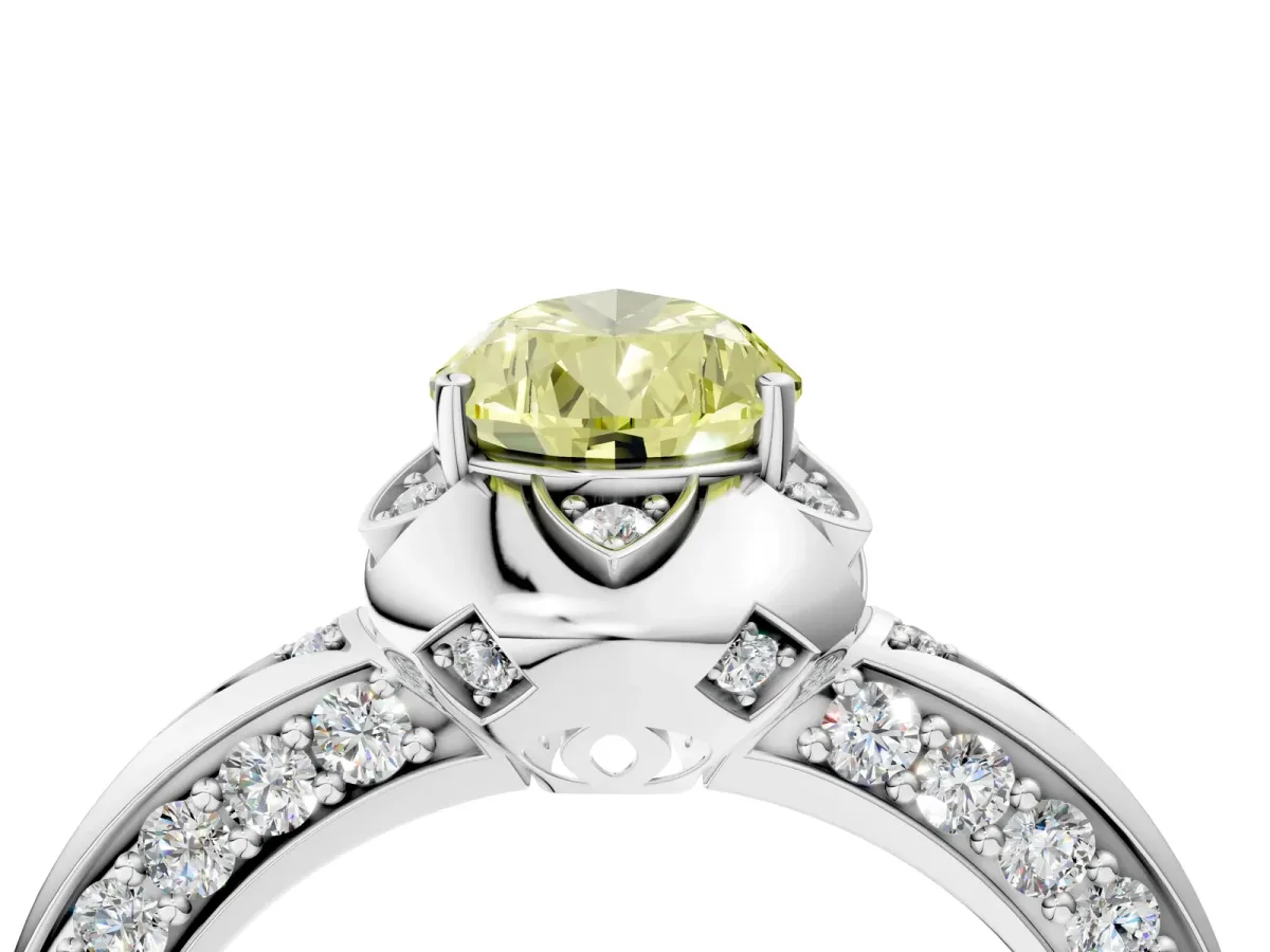 Fancy Yellow Pear Cut Halo Split Shank Pave Diamond Ring with Petal Prong Setting Platinum