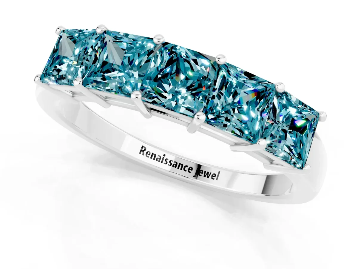 Princess Cut Five-Stone Blue Topaz Band with Prong Setting White gold