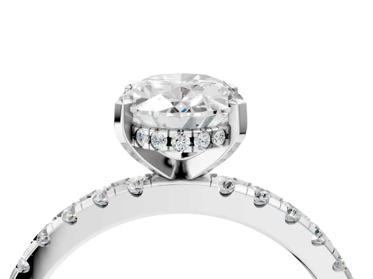 Oval Cut Diamond Solitaire Ring with Round Pavé Band and Four-Prong Setting Platinum