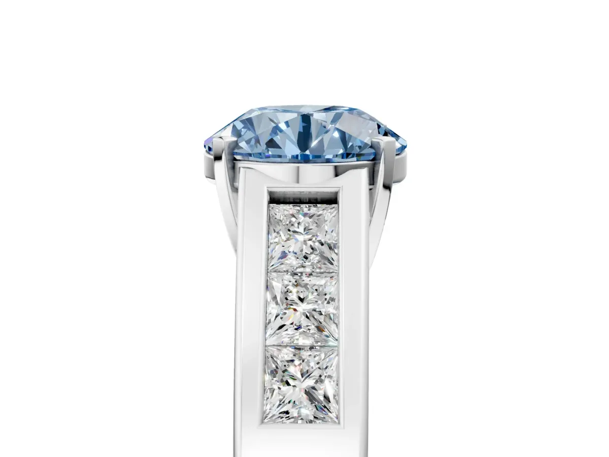 Fancy Blue Round Cut Cut Channel Set Solitaire Ring with Four-Prong Setting Platinum