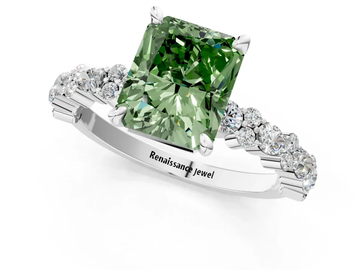 Fancy Green Radiant Cut Diamond Side Stone Solitaire Ring with Round and Four-Prong Setting Platinum