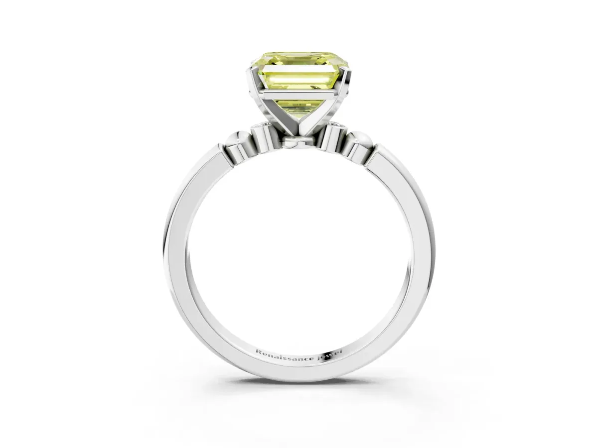 Fancy Yellow Asscher Cut Solitaire Beaded Band with Four-Prong Setting Platinum