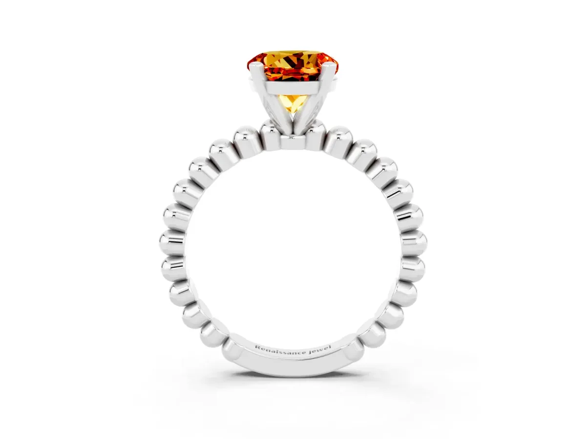 Round Cut Citrine Solitaire Ring with Beaded Band and Prong Setting Platinum