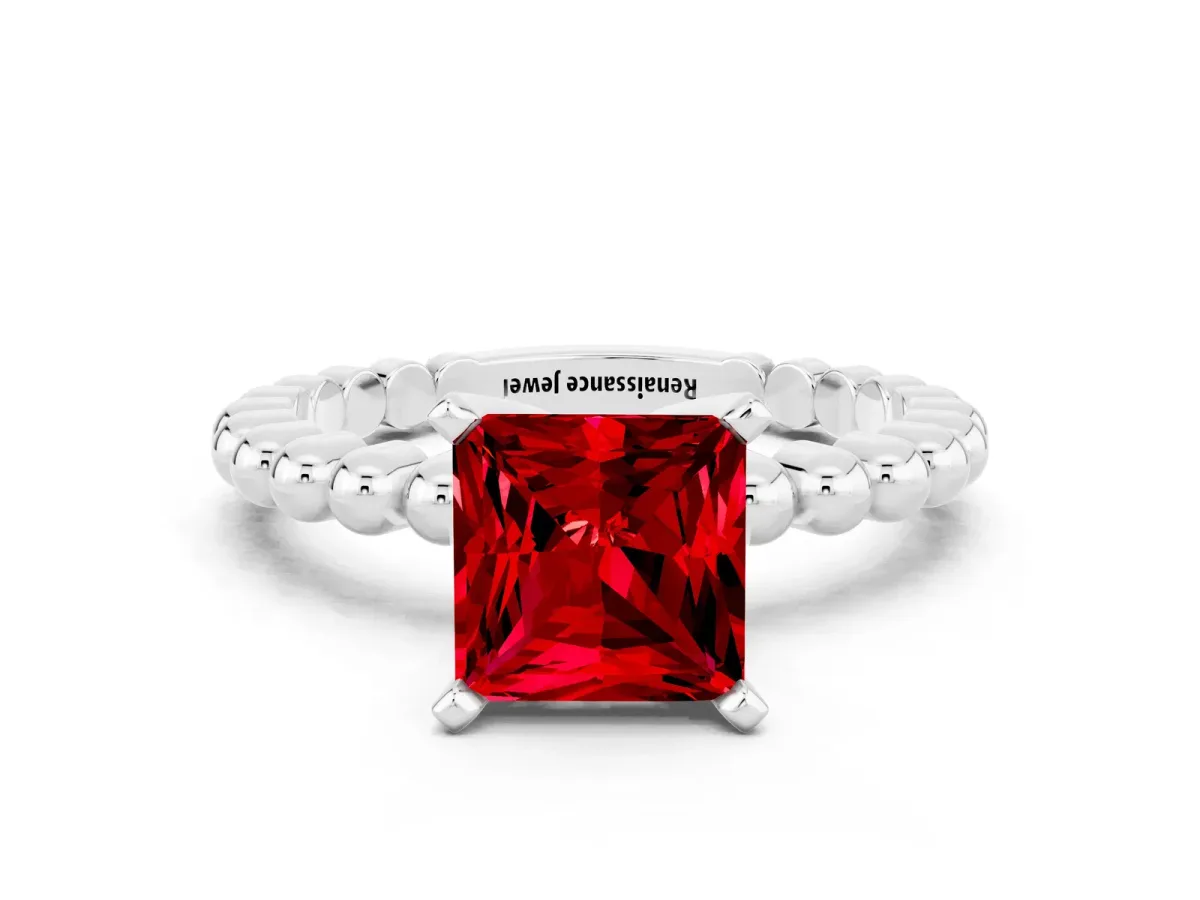 Princess Cut Ruby Solitaire Ring with Beaded Band and Prong Setting Platinum