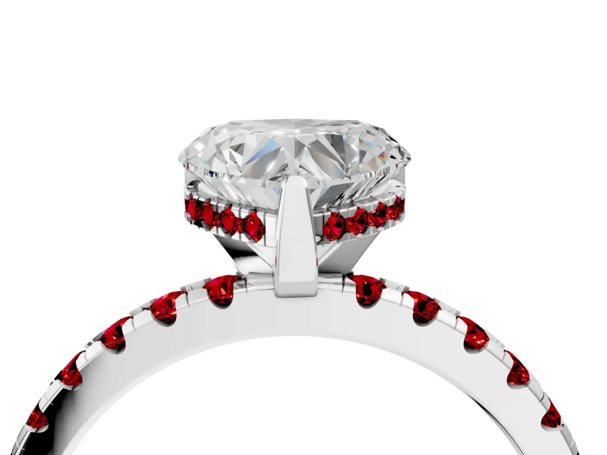 Heart Cut Diamond Solitaire Ring with Round Ruby Pavé Band and Four-Prong Setting Platinum