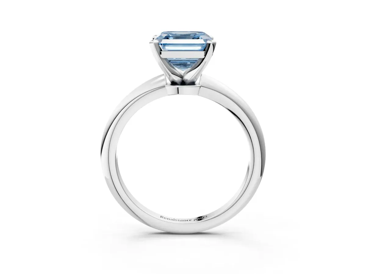 Fancy Blue Asscher Cut Diamond Solitaire Ring with Six-Prong Setting and Classic Band Silver