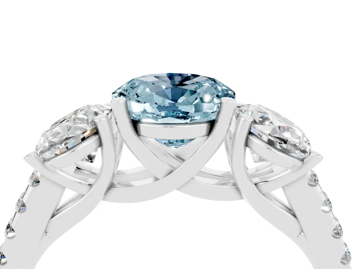Three-Stone Oval Cut Aquamarine Ring with Round Pavé Band and Prong Setting Silver