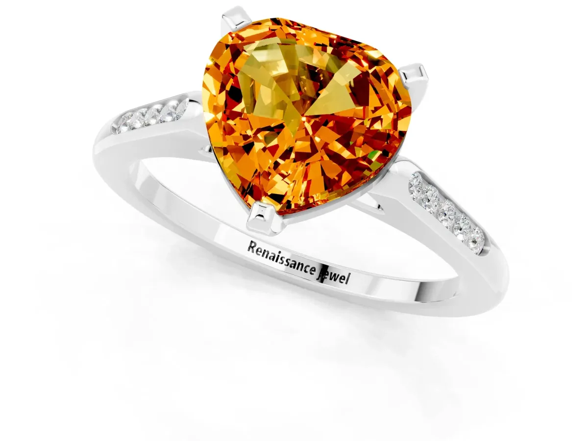 Heart Cut Citrine Solitaire Ring with Channel Set Round Band and Prong Setting Silver