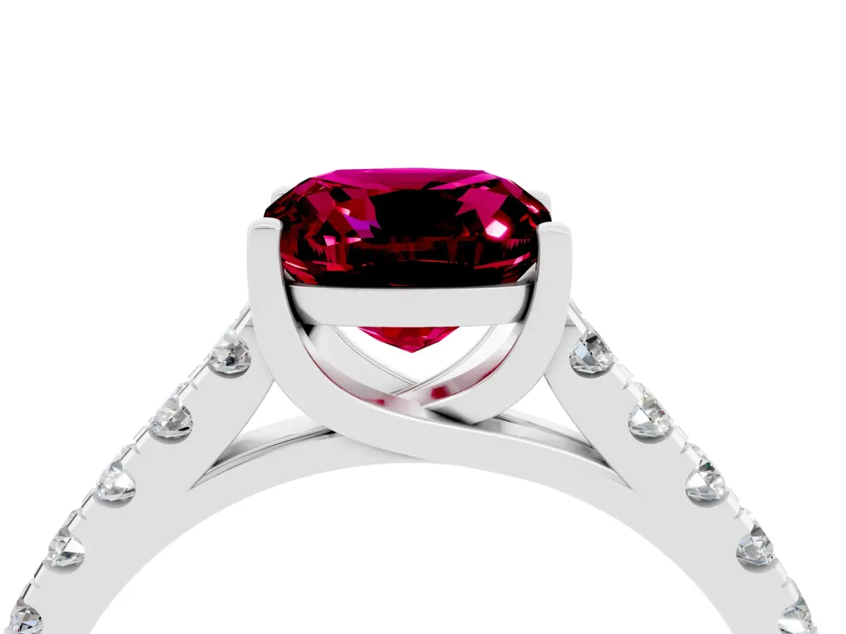 Cushion Cut Garnet Pavé Band Solitaire Ring with Prong Setting Platinum