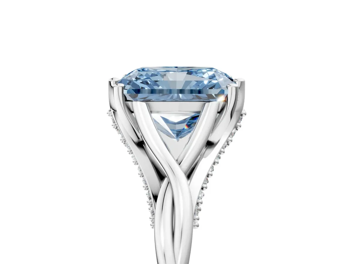 Fancy Blue Radiant Cut Solitaire Twist Band Six-Prong Setting Platinum