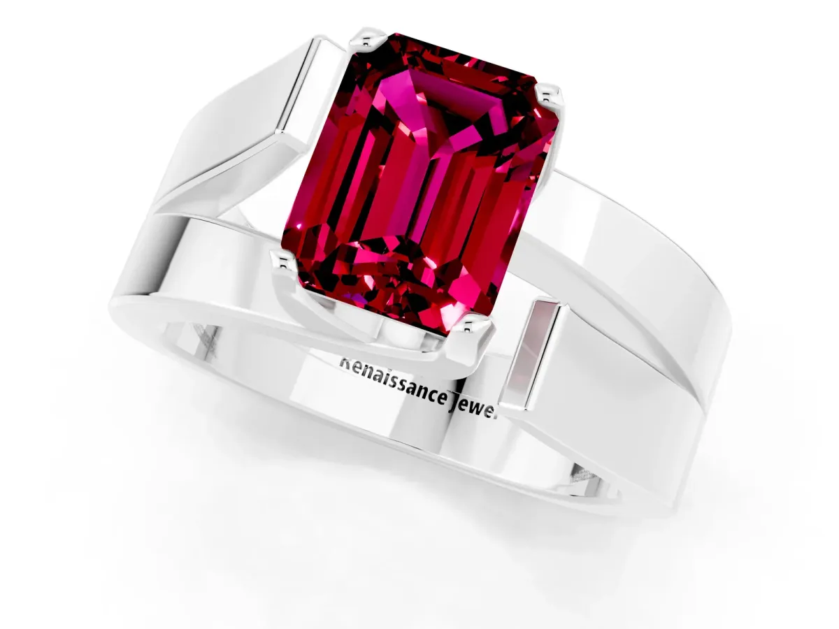 Modern Tension Set Emerald Cut Garnet Solitaire Wide Band Ring Platinum