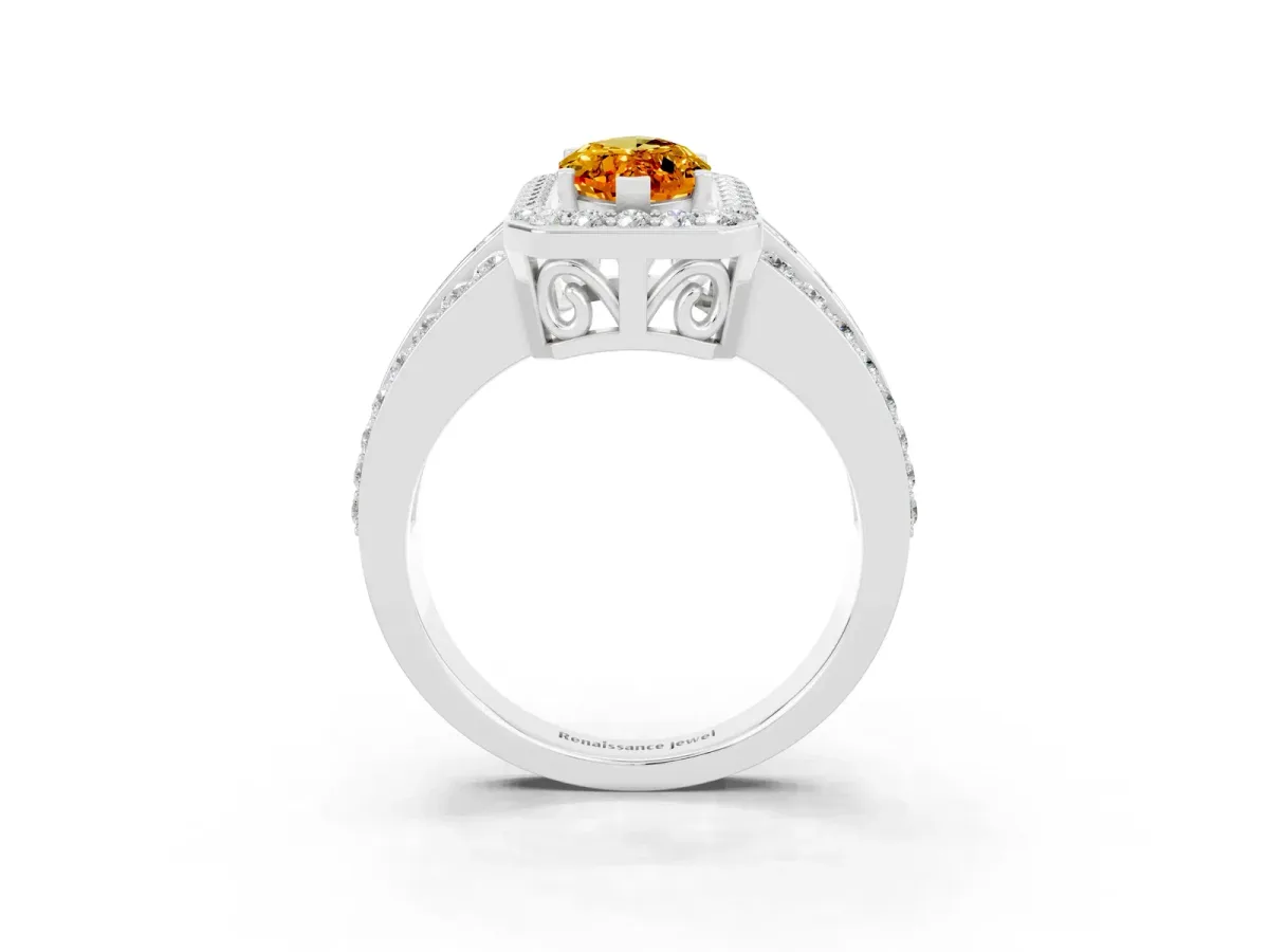 Marquise Cut Halo Citrine Ring with Round Split Shank and Prong Setting Silver