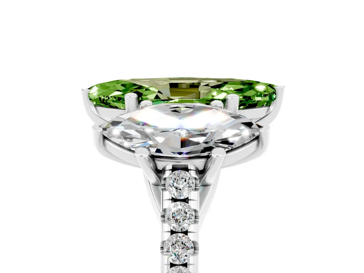 Three-Stone Marquise Cut Peridot Ring with Round Pavé Band and Prong Setting Platinum