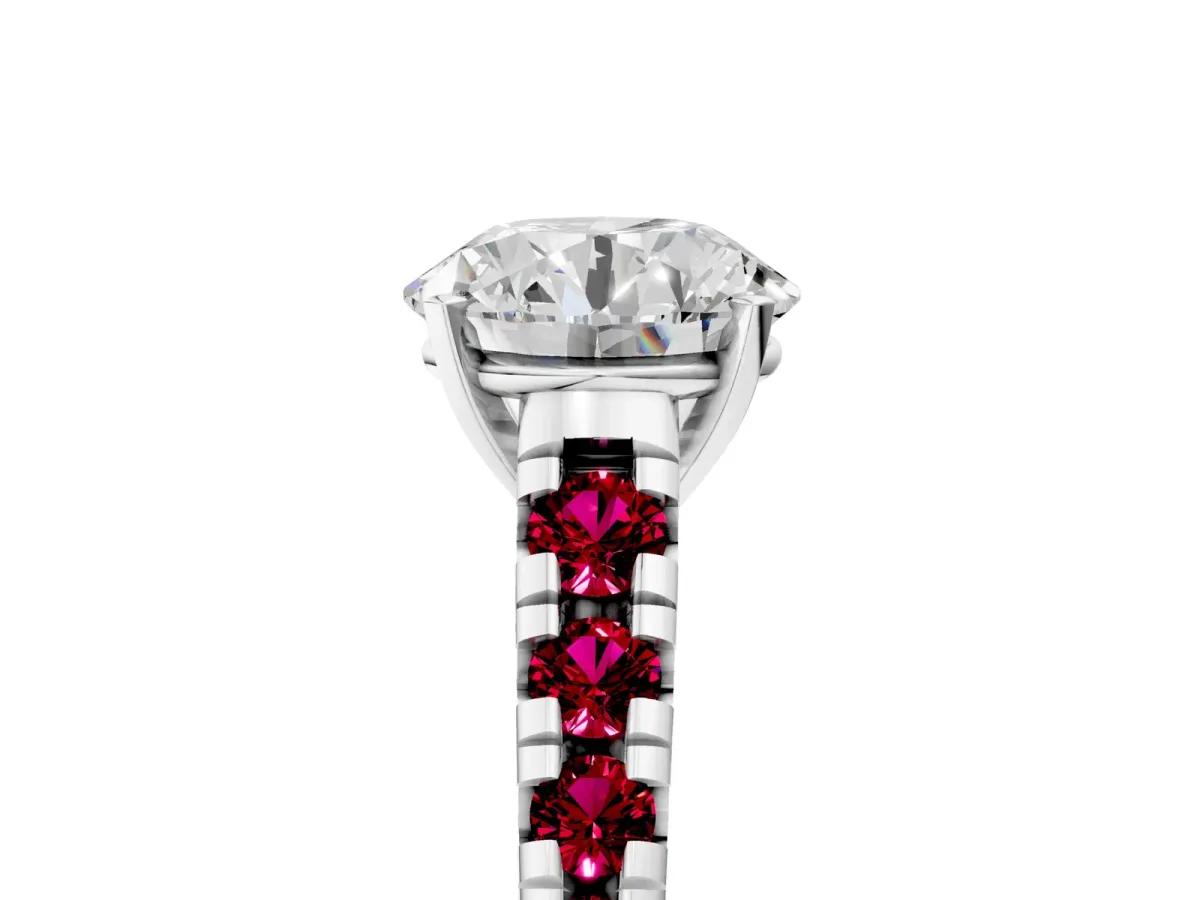Round Cut Diamond Cathedral Solitaire Ring with Round Garnet Pavé Band Platinum