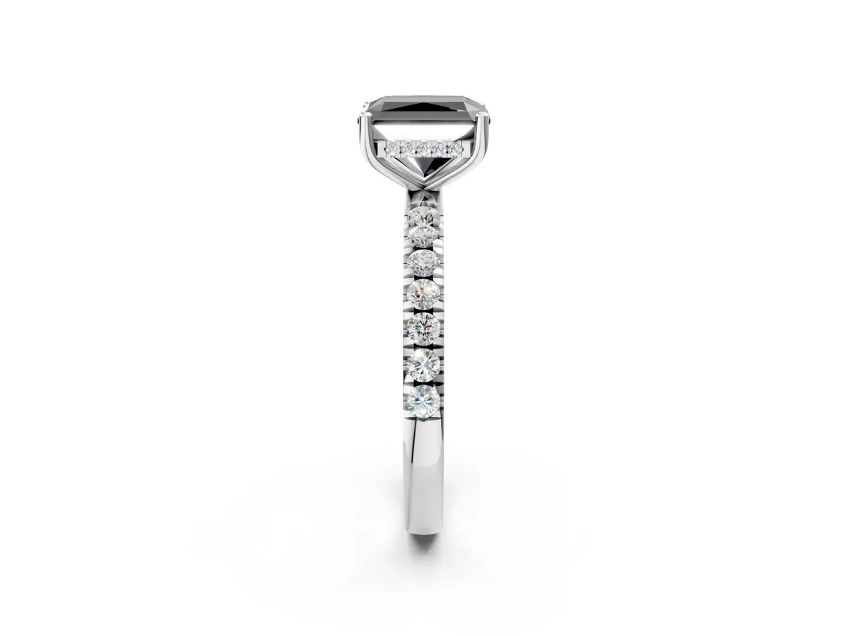 Fancy Black Radiant Cut Diamond Pave Band Solitaire Ring with Round and Prong Setting Silver