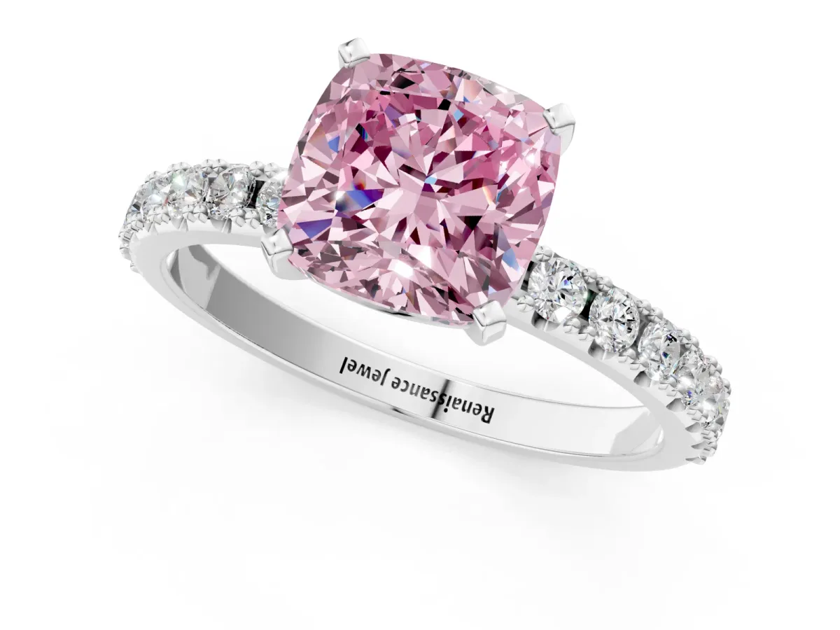 Fancy Pink Cushion Cut Diamond Solitaire Pavé Band with Four-Prong Setting Silver