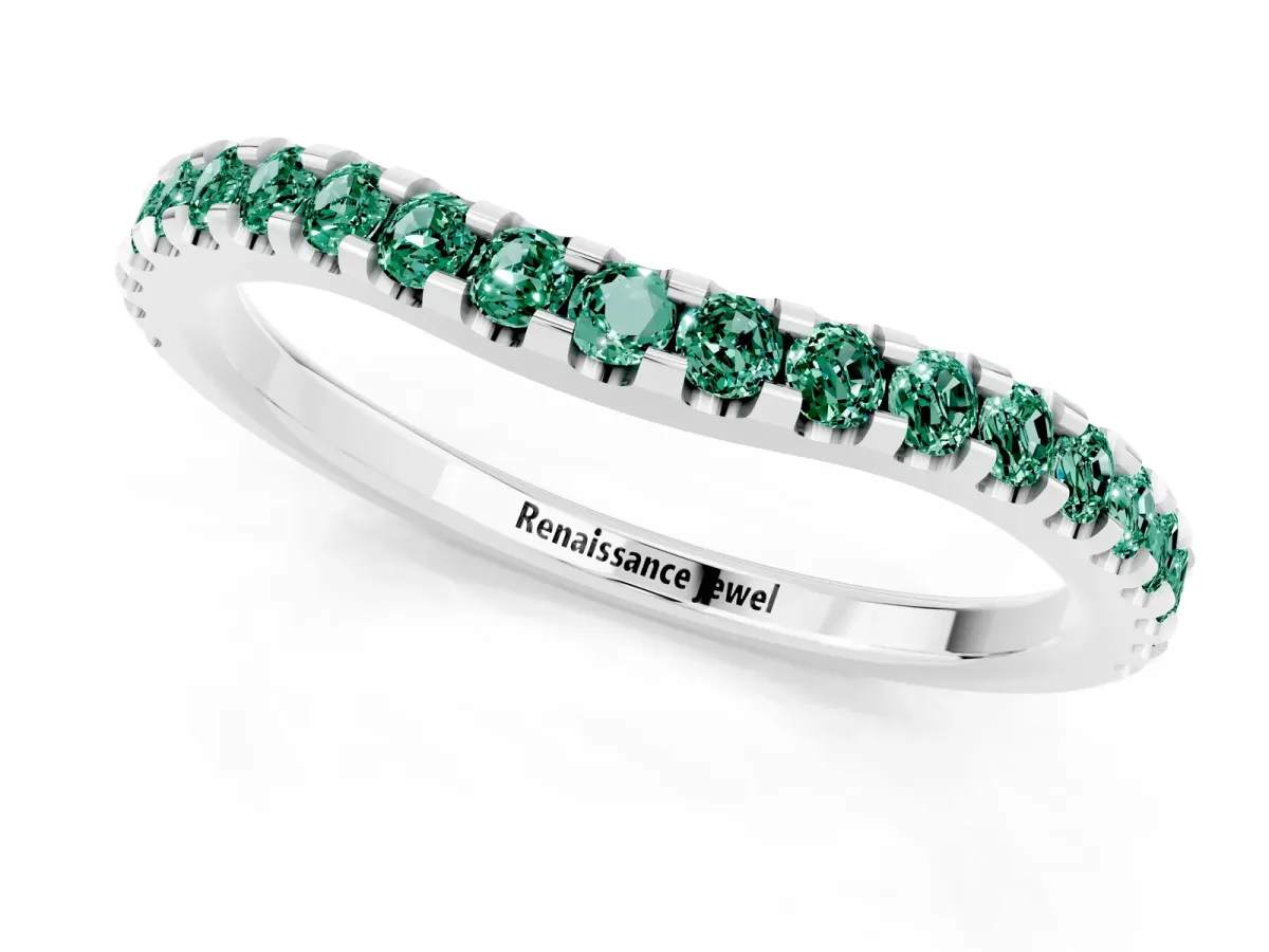 Round Green Sapphire Pavé Curved Wedding Band Silver